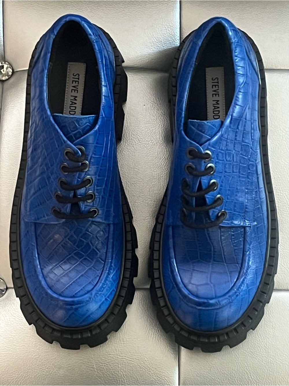 Steve Madden Women's Blue Croc-Embossed Derby Shoes with Black Lug Sole